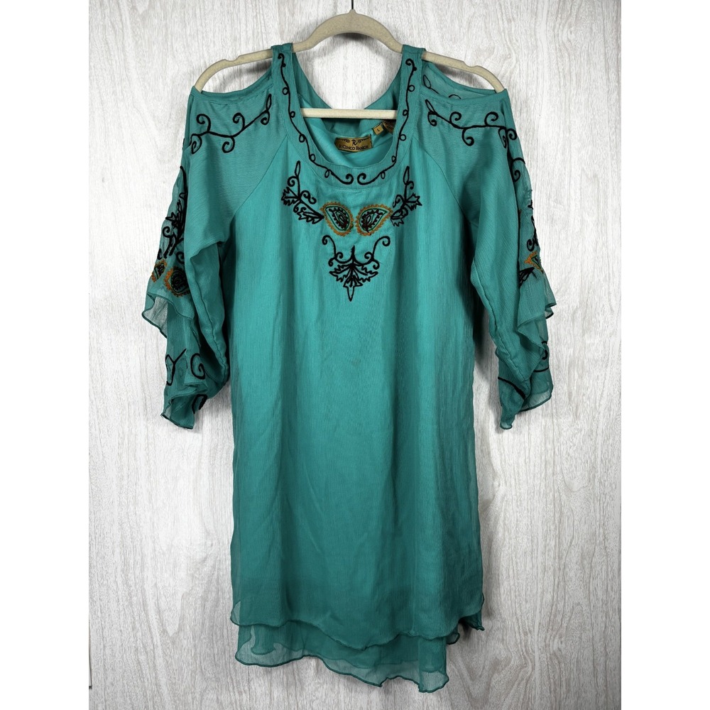 R Cinco Ranch Embroidered Tunic Dress L Cold Shoulder Boho Western Rodeo Chic - Picture 2 of 10
